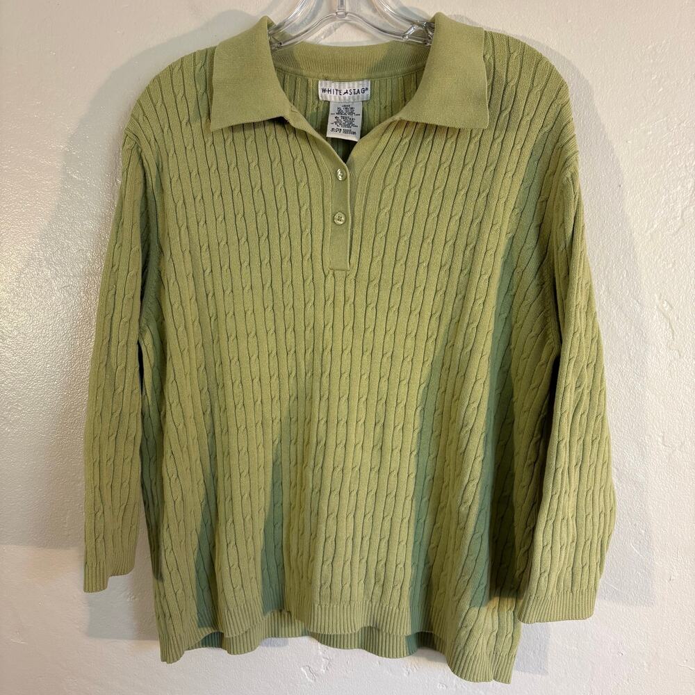 White Stag Green Cable Knit Polo Long Sleeve Shirt‎